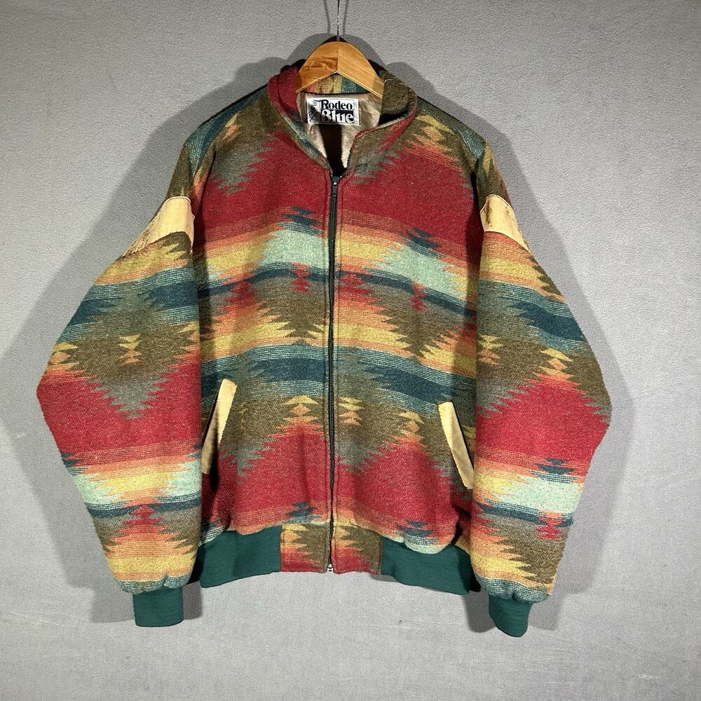 Vintage Roper Rodeo Blue Bomber Jacket Mens XL Aztec Southwestern USA Made